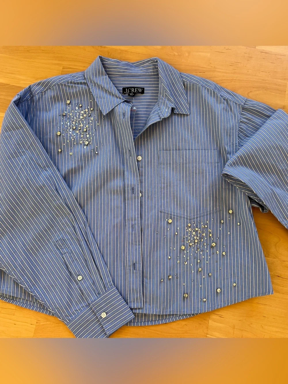 J. Crew Blue and White Pinstripe Embellished Button-Down Shirt